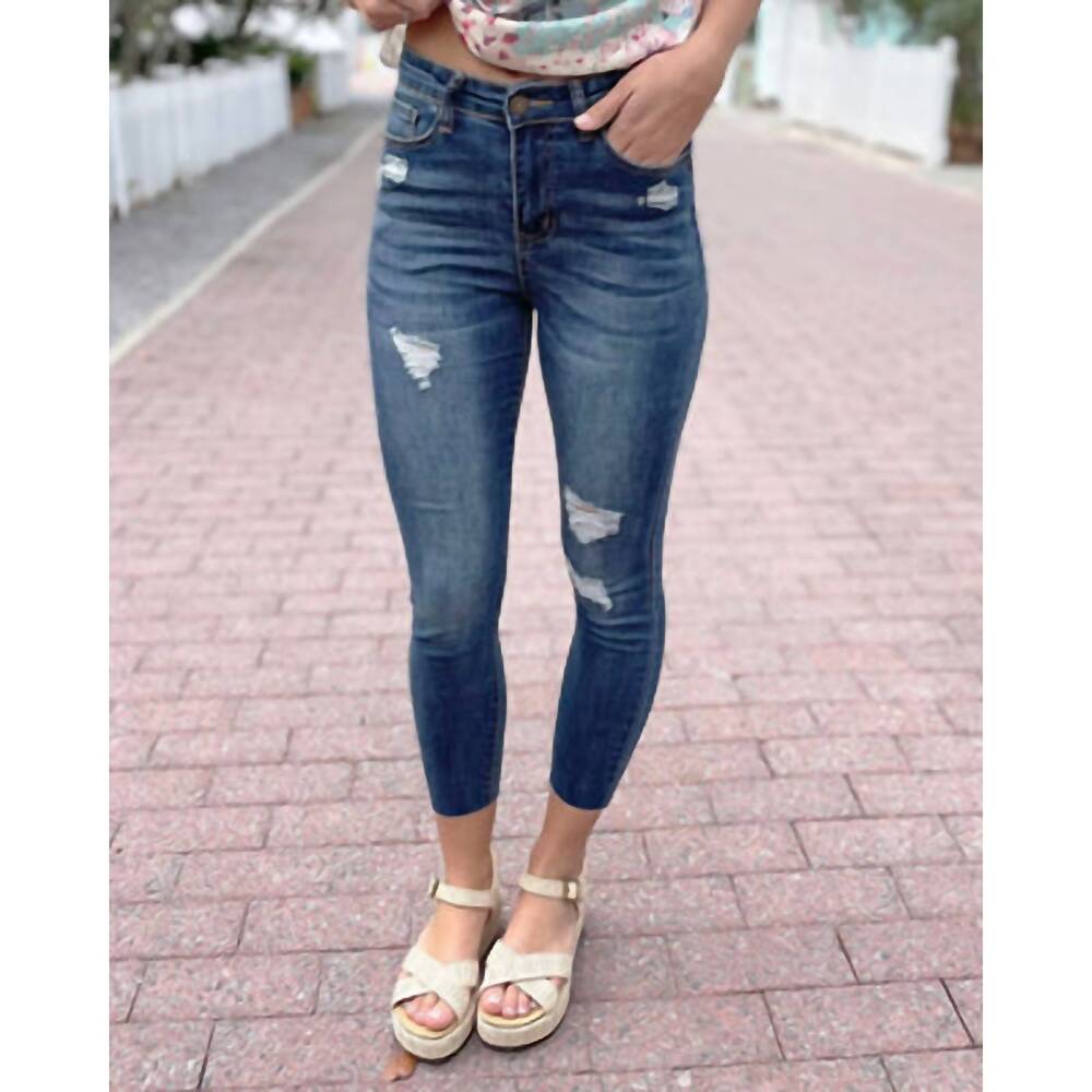 NEW GRACE AND LACE women's repurposed cropped distressed denim in dark mid wash